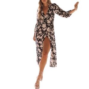 LOVESTITCH Wrap Tie Maxi Dress S Black Floral Cottage Boho Fairy Whimsygoth NWT